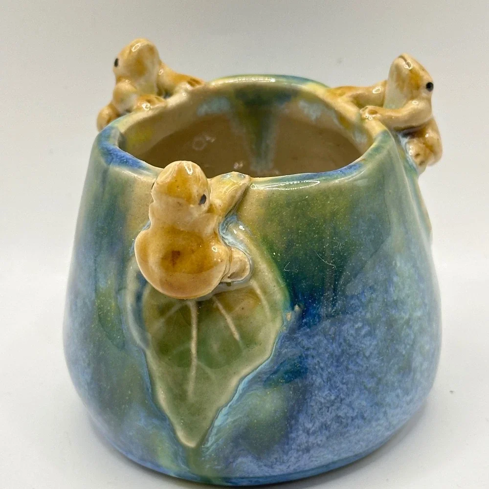Studio Pottery Frog Vessel Blue Green Drip Glaze Signed Handmade Art Pottery